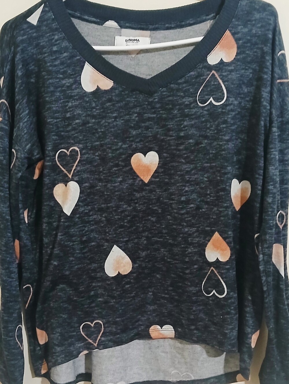 Sonoma Navy V-Neck Sweater with Peach Heart Print